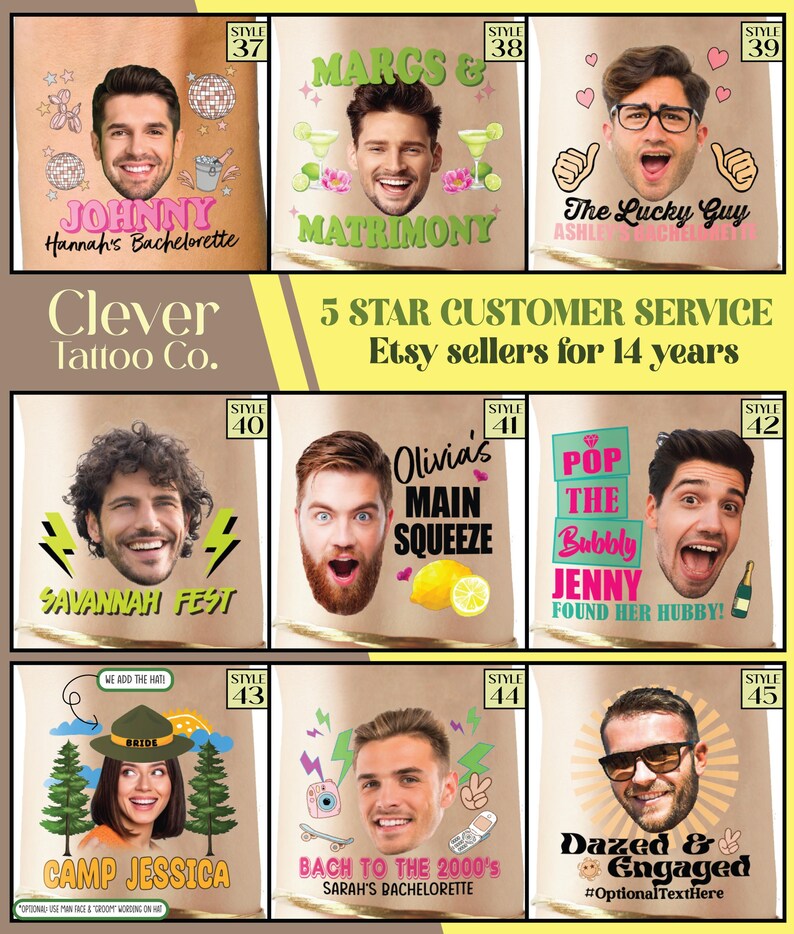May include: Ten different designs for bachelorette party temporary tattoos. Each design features a different illustration and text, such as "Margs & Matrimony", "The Lucky Guy", "Savannah Fest", "Camp Jessica", and "Dazed & Engaged".