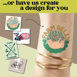 May include: Four different temporary tattoo designs. The designs include a pig in a field of flowers with the text "Farm Belly", a camp scene with the text "Camp Due&ntilde;ass", a dinosaur with the text "Alex's Dino-Mite Adventures", and a whale with a red and white boat.