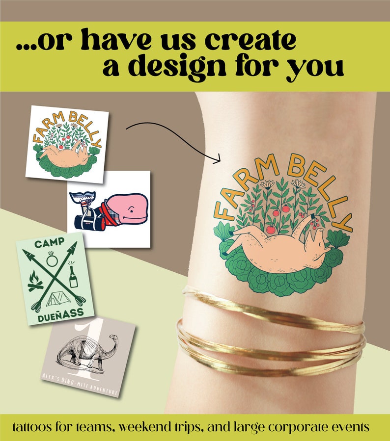 May include: Four different temporary tattoo designs. The designs include a pig in a field of flowers with the text "Farm Belly", a camp scene with the text "Camp Due&ntilde;ass", a dinosaur with the text "Alex's Dino-Mite Adventures", and a whale with a red and white boat.