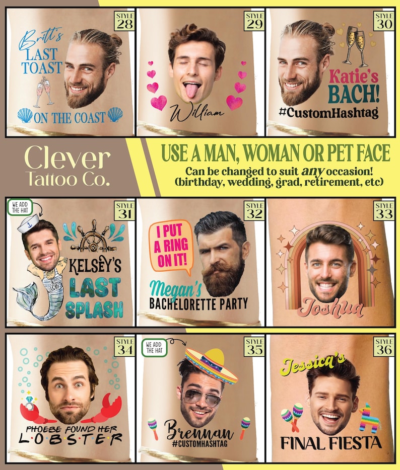 May include: A sheet of temporary tattoos with various designs and text. The tattoos feature a variety of themes, including bachelorette parties, weddings, and birthdays. The tattoos are designed to be personalized with a photo of the person's face. The text on the tattoos includes phrases like "Last Splash", "Final Fiesta", and "I Put a Ring on It!"