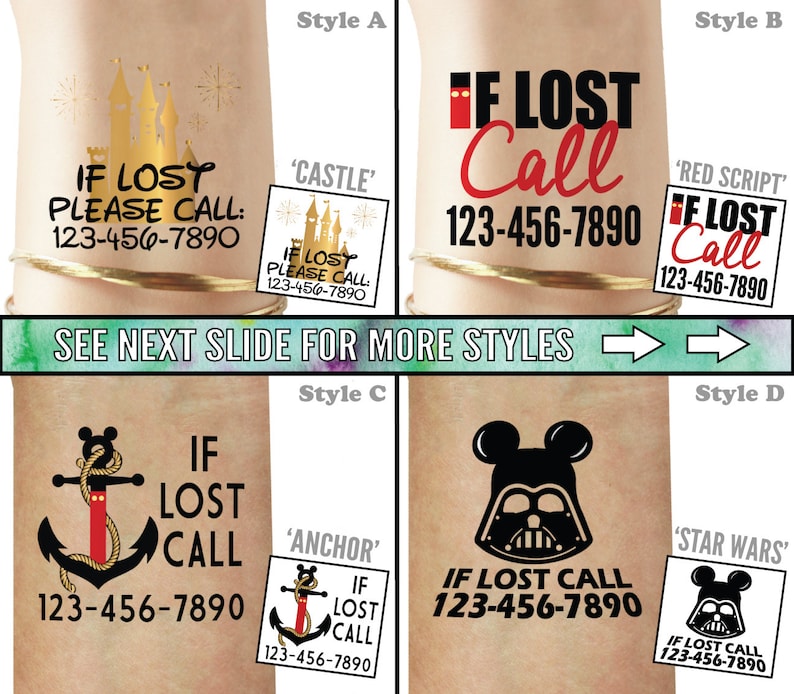 Set of Emergency Contact Temporary Tattoos If Lost Safety Tattoos Phone number tattoos Medical alert tattoos If I'm Lost Please Call image 2