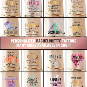 May include: A collection of bachelorette party temporary tattoos with various designs and names. The tattoos are gold, pink, blue, and green. The tattoos feature phrases like "I'm with [name]'s Bachelorette Party" and "I belong with [name]'s Bachelorette Party".