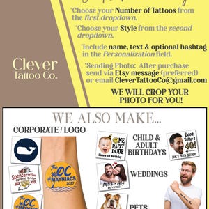 Pu&ograve; includere: Un cartello giallo e bianco con il testo "Clever Tattoo Co." e istruzioni per ordinare tatuaggi temporanei personalizzati. Il cartello mostra anche esempi di diversi tipi di tatuaggi, tra cui loghi aziendali, disegni di compleanno, disegni di matrimonio, ritratti di animali domestici e testo personalizzato.