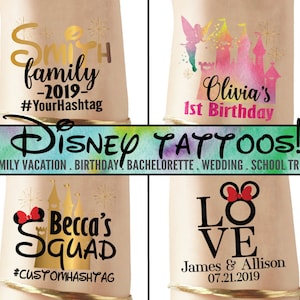 Set of vacation tattoos, princess wedding, character birthday, mouse prints, mouse ears, princess bachelorette, castle, if lost return to