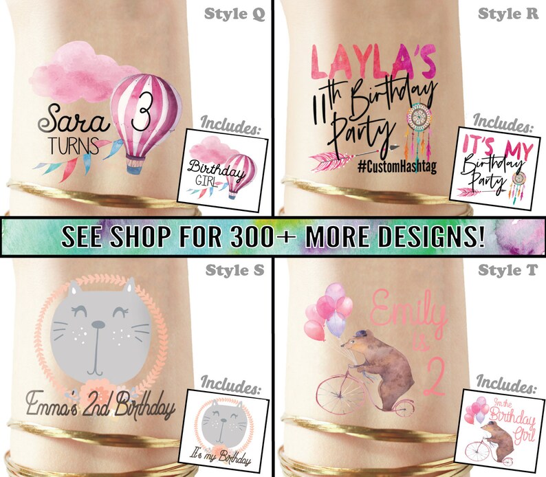 Puede incluir: Cuatro estilos diferentes de tatuajes temporales de cumplea&ntilde;os personalizados. Cada tatuaje presenta un dise&ntilde;o diferente, incluyendo un globo aerost&aacute;tico, un atrapasue&ntilde;os, un gato y un rat&oacute;n montando una bicicleta. Los tatuajes son personalizables con el nombre y la edad del ni&ntilde;o.