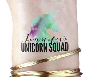 May include: A temporary tattoo with a watercolor unicorn design and the text "Jennifer's Unicorn Squad".