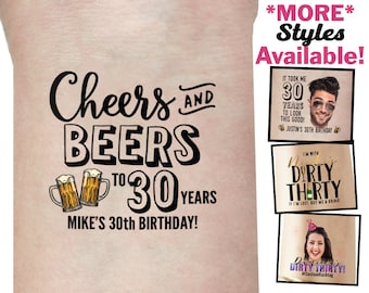 Cheers and Beers to 30 Years, 30th Birthday, Temporary Tattoo, Birthday Party Favor, Birthday Party Gift, Girls Night Out, Cheers and Beers