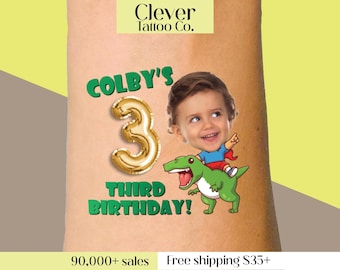 Dinosaur Birthday Party Custom Temporary Tattoos Three Rex - Dinosaur invites shirts party favors - Custom stickers First Birthday Boy T-Rex