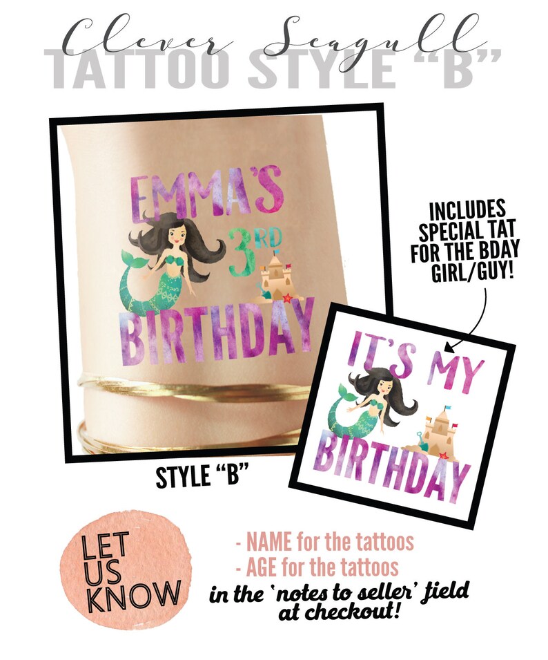 Temporary kids tattoos personalized - Mermaid party - mermaid birthday - mermaid cake - mermaid games - mermaid sticker - mermaid art- tail image 3