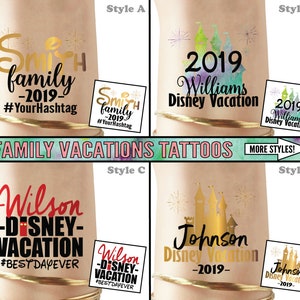 May include: Four different styles of temporary tattoos for family holidays to Disney. The tattoos feature a castle, fireworks, and the text "Disney Vacation" with the year 2019. The tattoos are available in gold, green, and blue.