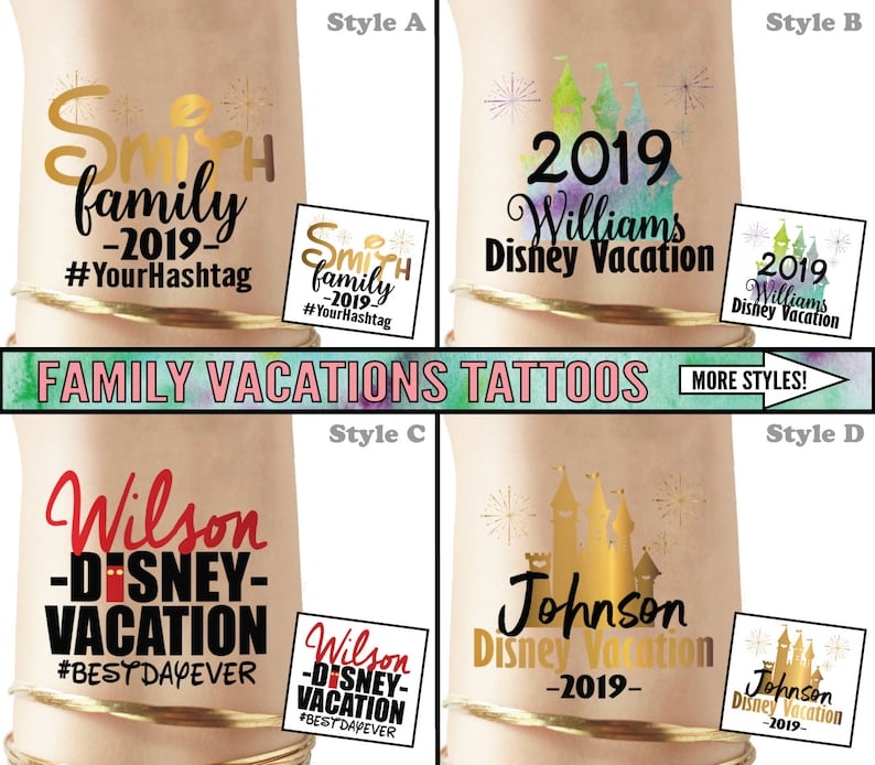 May include: Four different styles of temporary tattoos for family holidays to Disney. The tattoos feature a castle, fireworks, and the text "Disney Vacation" with the year 2019. The tattoos are available in gold, green, and blue.