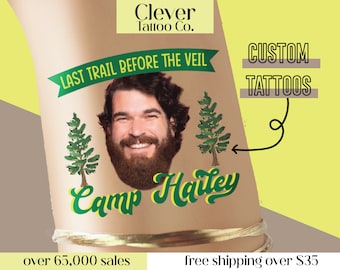 Camp Bach tattoos - Custom Face Tattoos - Groom face camping bachelorette party - Last Trail before the Veil - Girls weekend glamping trip