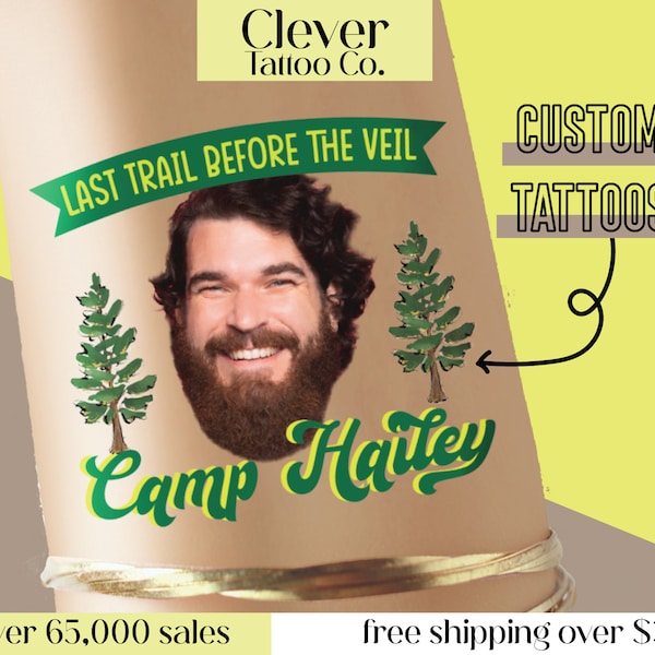 Camp Bach tattoos - Custom Face Tattoos - Groom face camping bachelorette party - Last Trail before the Veil - Girls weekend glamping trip