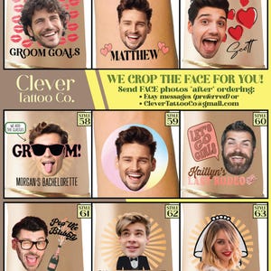 May include: A set of ten different temporary tattoo designs featuring various phrases and images. The designs include "Groom Goals", "Matthew", "Scott", "Groom!", "Let's Go Girls", "Kaitlyn's Last Rodeo", "Pop the Bubbly", "Your Text Here", and "Your Text Here".