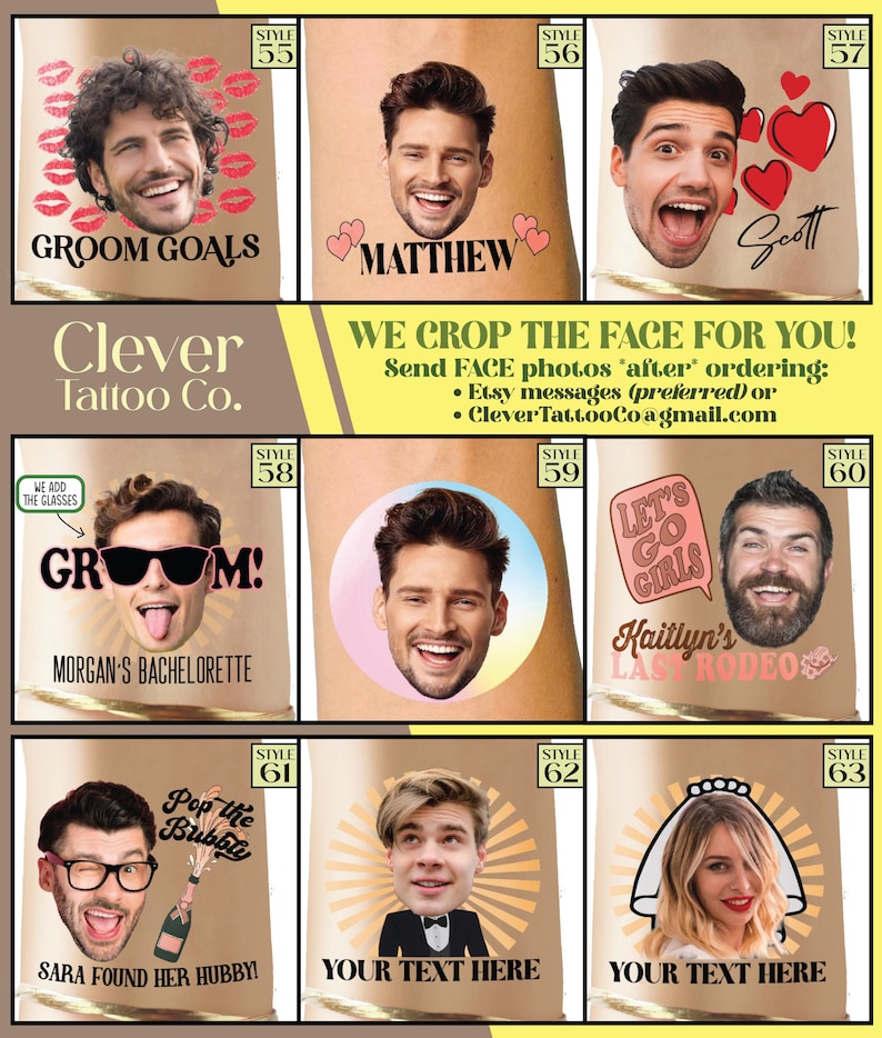 May include: A set of ten different temporary tattoo designs featuring various phrases and images. The designs include "Groom Goals", "Matthew", "Scott", "Groom!", "Let's Go Girls", "Kaitlyn's Last Rodeo", "Pop the Bubbly", "Your Text Here", and "Your Text Here".