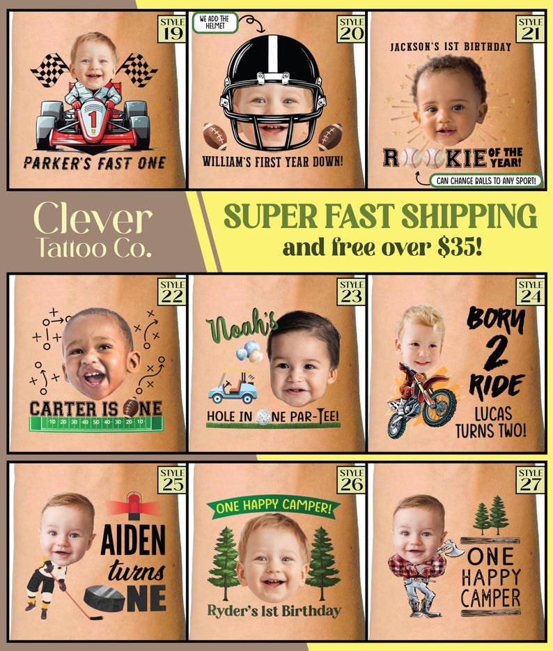 One Happy Dude custom birthday party favors - temporary tattoos - boy first birthday - Kids birthday decor ideas - face tattoo stickers blue image 4