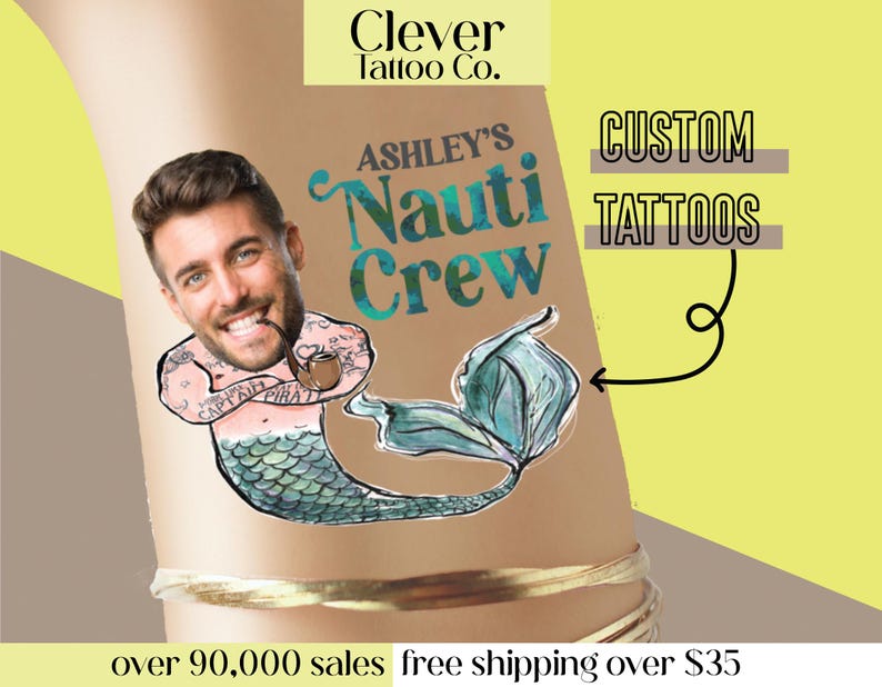 Grooms Face Bachelorette Party Tattoos Favors Nauti Crew Let's Get Nauti, Mermaid Merman Body, last sail before the veil, last splash, knot image 1