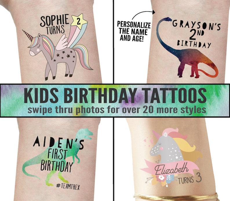 Puede incluir: Cuatro tatuajes temporales para cumplea&ntilde;os de ni&ntilde;os. Los tatuajes representan un unicornio, un dinosaurio, un dinosaurio con el texto "Aiden's First Birthday #TeamTrex", y un unicornio con el texto "Elizabeth Turns 3".
