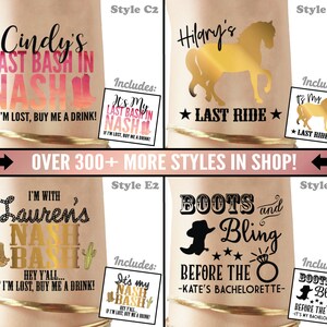 Pode incluir: Quatro designs diferentes de tatuagens tempor&aacute;rias para uma despedida de solteira. Os designs incluem um cavalo com o texto "Hilary's Last Ride", uma bota com o texto "Boots and Bling Before the Kate's Bachelorette", um cacto com o texto "Lauren's Nash Bash", e uma bota com o texto "Cindy's Last Bash in Nash".