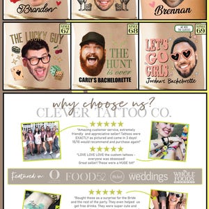 May include: A collection of temporary tattoos for bachelorette parties. The tattoos feature various designs, including a bride with a rose, a bride with a crown, and a bride with a heart. The tattoos are available in a variety of styles, including "The Bach Club", "The Lucky Guy", "The Hunt is Over", and "Let's Go Girls". The tattoos are made by Clever Tattoo Co. and are available for purchase on Etsy.