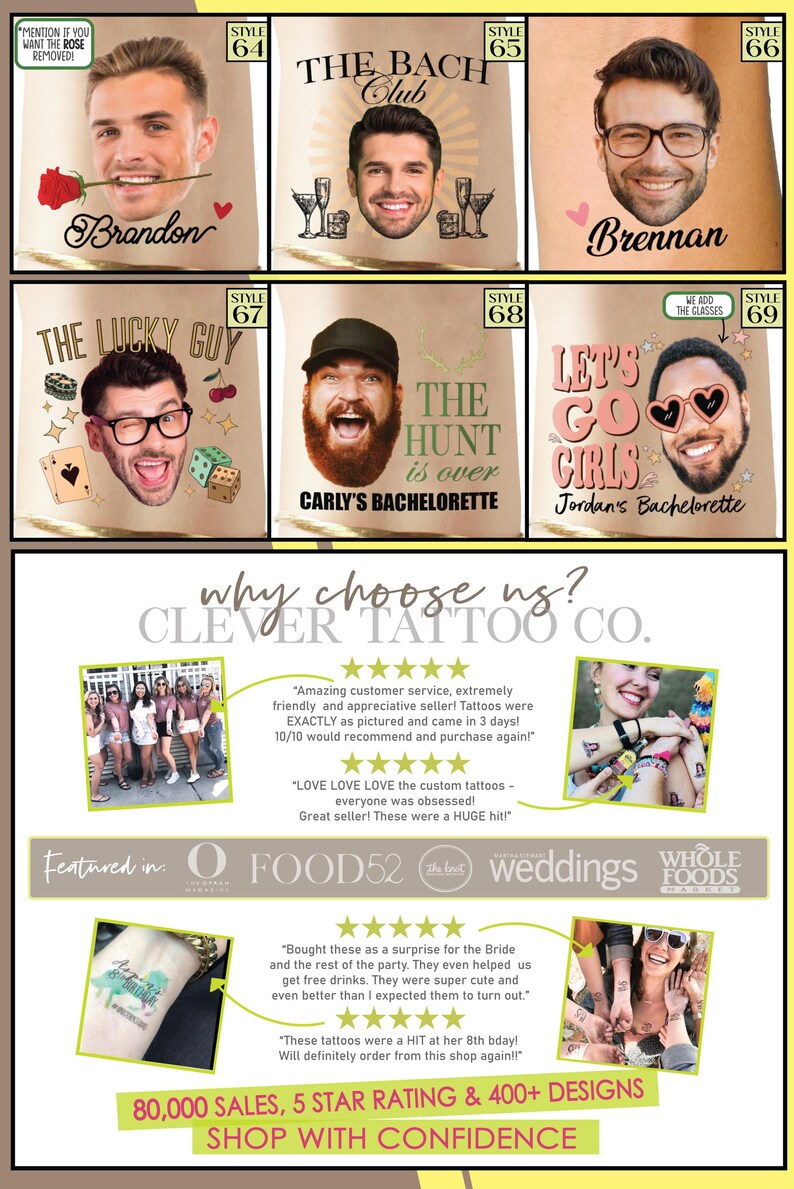 May include: A collection of temporary tattoos for bachelorette parties. The tattoos feature various designs, including a bride with a rose, a bride with a crown, and a bride with a heart. The tattoos are available in a variety of styles, including "The Bach Club", "The Lucky Guy", "The Hunt is Over", and "Let's Go Girls". The tattoos are made by Clever Tattoo Co. and are available for purchase on Etsy.