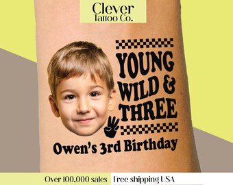 Personalized Photo Temporary Tattoos, Young Wild and Three Birthday Favors, 3rd Birthday Boy Decor Ideas