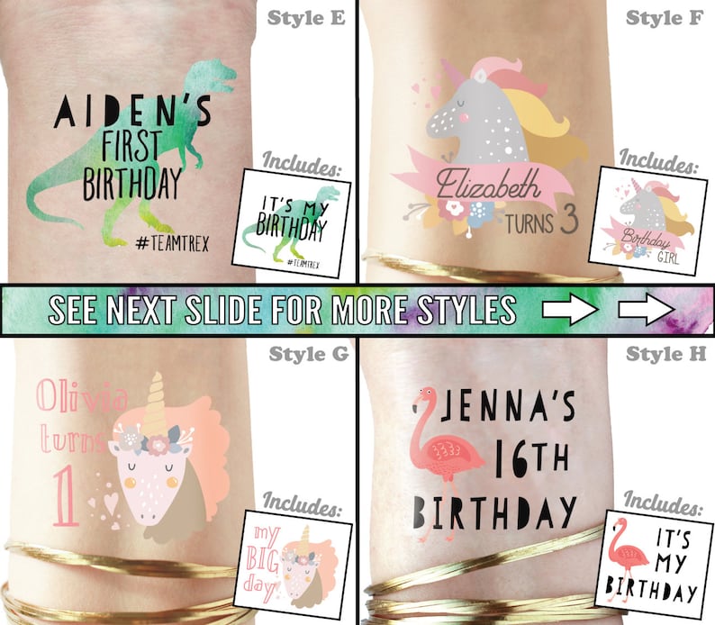 Puede incluir: Cuatro estilos diferentes de tatuajes temporales para una celebraci&oacute;n de cumplea&ntilde;os. Los tatuajes presentan un dinosaurio, un unicornio, un flamenco y un unicornio con una corona de flores. El texto en los tatuajes incluye los nombres Aiden, Elizabeth, Olivia y Jenna, as&iacute; como las edades 1, 3 y 16. Los tatuajes tambi&eacute;n incluyen las frases "Primer cumplea&ntilde;os", "Cumple 3", "Es mi cumplea&ntilde;os" y "#TeamT-Rex".