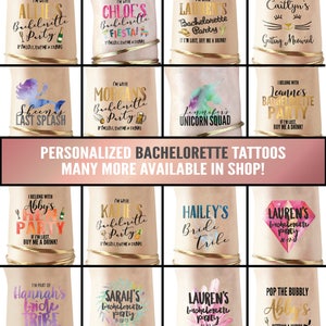 May include: A collection of bachelorette party temporary tattoos with various designs and names. The tattoos are gold, pink, blue, and green. The tattoos feature phrases like "I'm with [name]'s Bachelorette Party" and "I belong with [name]'s Bachelorette Party".