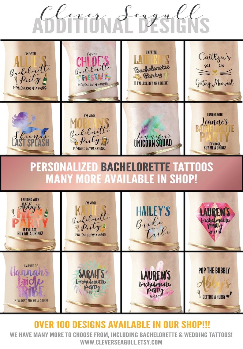 May include: A collection of bachelorette party temporary tattoos with various designs and names. The tattoos are gold, pink, blue, and green. The tattoos feature phrases like "I'm with [name]'s Bachelorette Party" and "I belong with [name]'s Bachelorette Party".