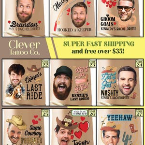 May include: A set of ten different bachelorette party tattoo designs featuring a variety of themes, including cowboy hats, hearts, and fishing. Each design includes a space for a photo to be added. The designs are printed on a white background.