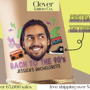 May include: A temporary tattoo design featuring a man's face with a 90's theme. The design includes a boombox, sunglasses, a cassette tape, a pair of sneakers, and the text "Back to the 90's Jessica's Bachelorette".