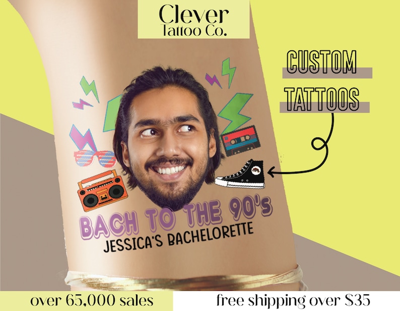 May include: A temporary tattoo design featuring a man's face with a 90's theme. The design includes a boombox, sunglasses, a cassette tape, a pair of sneakers, and the text "Back to the 90's Jessica's Bachelorette".