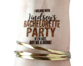 15 tatuagens falsas para despedida de solteira - Tatuagem de pulseira ou tatuagem no braço/pulso com glitter dourado - Festa com glitter - Eu pertenço às tatuagens