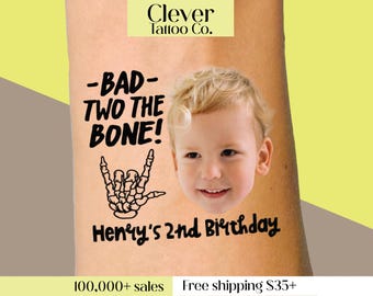 Bad Two the Bone Face Temporary Tattoos | Personalized Photo Tattoo | Second Birthday Party Favor | Two Year Old Birthday 2 Year Old
