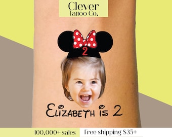 Custom Minnie Ears Face Temporary Tattoos for Kids Birthday Party | Personalized Photo Tattoo | First Birthday Party Favor