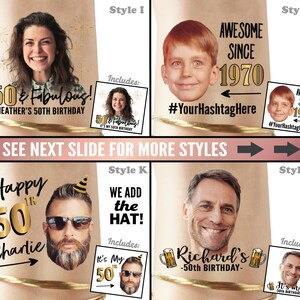 Puede incluir: Un conjunto de 10 accesorios de cabina de fotos personalizables para un 50 cumplea&ntilde;os. Los accesorios presentan diferentes dise&ntilde;os con acentos dorados y el texto "50 & Fabulous!" "Happy 50th Charlie" "Awesome Since 1970" "We Add the Hat!" y "Richard's - 50th Birthday -"
