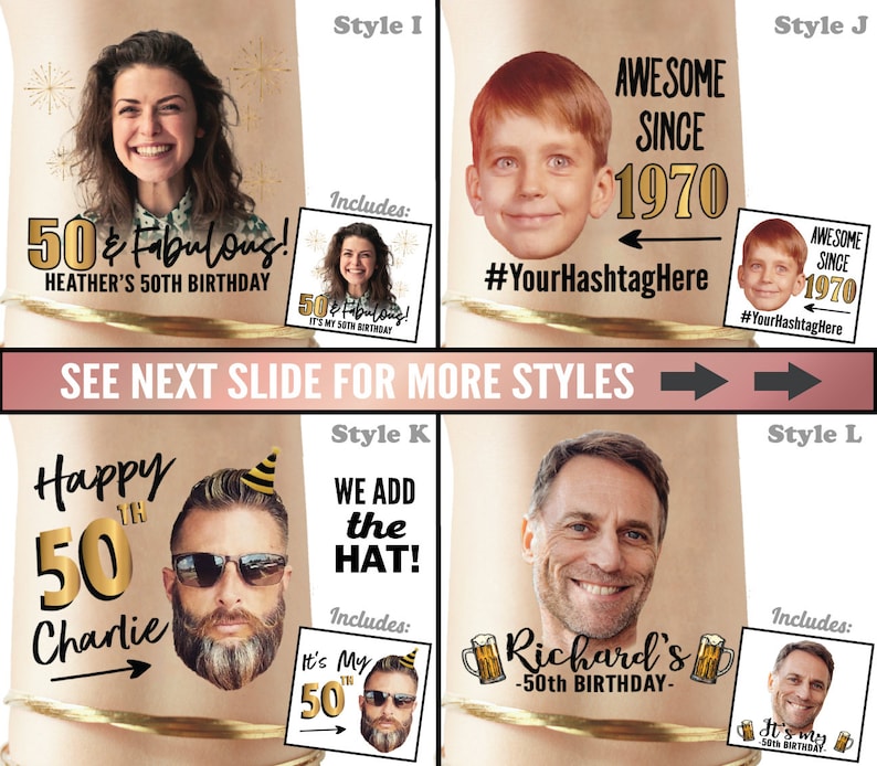 Puede incluir: Un conjunto de 10 accesorios de cabina de fotos personalizables para un 50 cumplea&ntilde;os. Los accesorios presentan diferentes dise&ntilde;os con acentos dorados y el texto "50 & Fabulous!" "Happy 50th Charlie" "Awesome Since 1970" "We Add the Hat!" y "Richard's - 50th Birthday -"