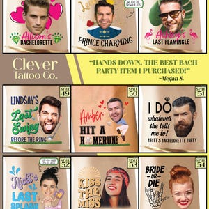 May include: A set of 10 temporary tattoos featuring different designs and phrases related to bachelorette parties. The tattoos feature images of people's faces, including a prince, a baseball player, and a mermaid. The tattoos also include text such as "Last Swing", "Hit a Homerun", and "Bride or Die".