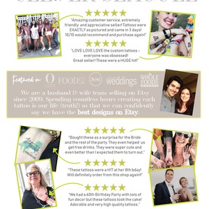Puede incluir: Un collage de im&aacute;genes que muestran tatuajes temporales para bodas, cumplea&ntilde;os y otros eventos. Las im&aacute;genes muestran personas que llevan los tatuajes y comentarios positivos de los clientes. El texto "Clever Seagull" est&aacute; en la parte superior de la imagen, y el texto "20.000 ventas, 5 estrellas y m&aacute;s de 400 dise&ntilde;os Compra con confianza" est&aacute; en la parte inferior.