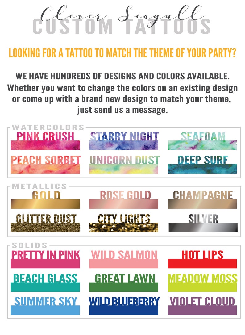 Puede incluir: Una tabla de colores de tatuaje personalizados con diferentes categor&iacute;as: Acuarelas, Met&aacute;licos y S&oacute;lidos. Los colores incluyen: rosa intenso, noche estrellada, espuma de mar, sorbete de melocot&oacute;n, polvo de unicornio, mar profundo, oro, oro rosa, champ&aacute;n, polvo de brillo, luces de la ciudad, plata, rosa bonito, salm&oacute;n salvaje, labios rojos, vidrio de playa, c&eacute;sped verde, musgo de prado, cielo de verano, ar&aacute;ndano salvaje y nube violeta.