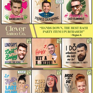 May include: A set of 10 temporary tattoos featuring different designs and phrases related to bachelorette parties. The tattoos feature images of people's faces, including a prince, a baseball player, and a mermaid. The tattoos also include text such as "Last Swing", "Hit a Homerun", and "Bride or Die".