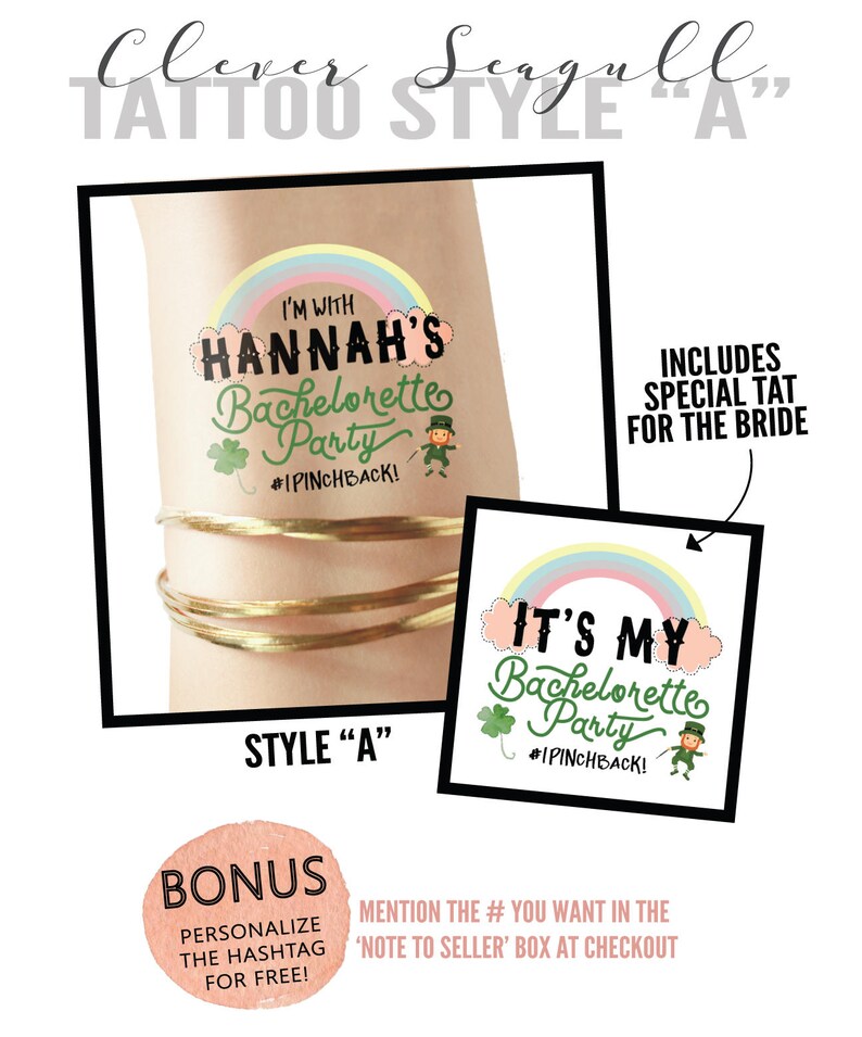 Puede incluir: Dos tatuajes temporales con un dise&ntilde;o de arco&iacute;ris y el texto "I'm with Hannah's Bachelorette Party #IPINCHBACK!" y "It's My Bachelorette Party #IPINCHBACK!" Los tatuajes est&aacute;n en el brazo de una persona.