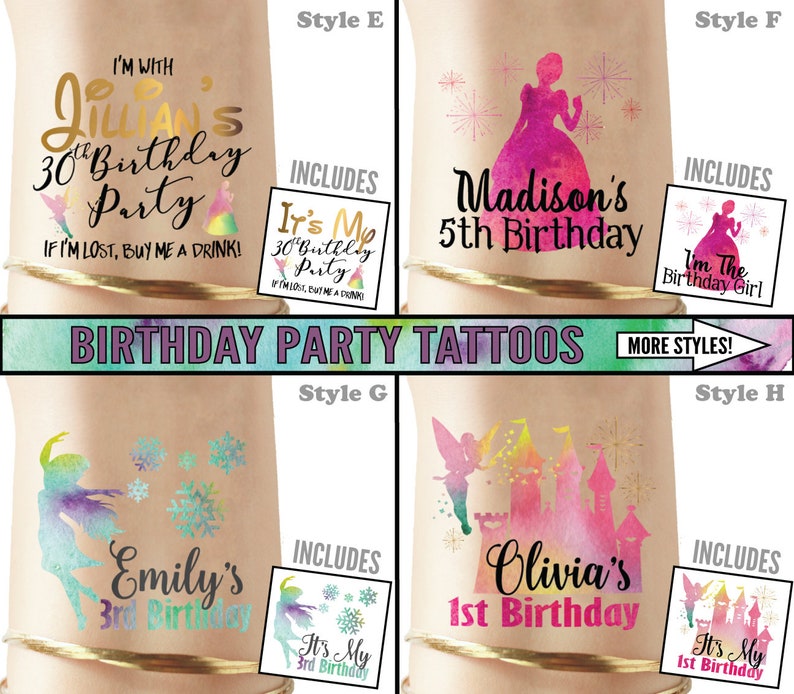 Set of Disney birthday tattoos, disney party invitation, disney birthday tshirt, princess birthday disney birthday girl shirt princess party image 3