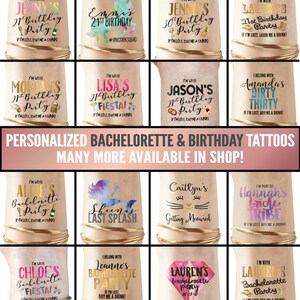 May include: A collage of images showcasing a variety of personalised bachelorette and birthday temporary tattoos. The tattoos feature different themes, including unicorns, mermaids, cats, and fiesta. The text on the tattoos includes names, ages, and phrases such as "If I'm lost, buy me a drink!"