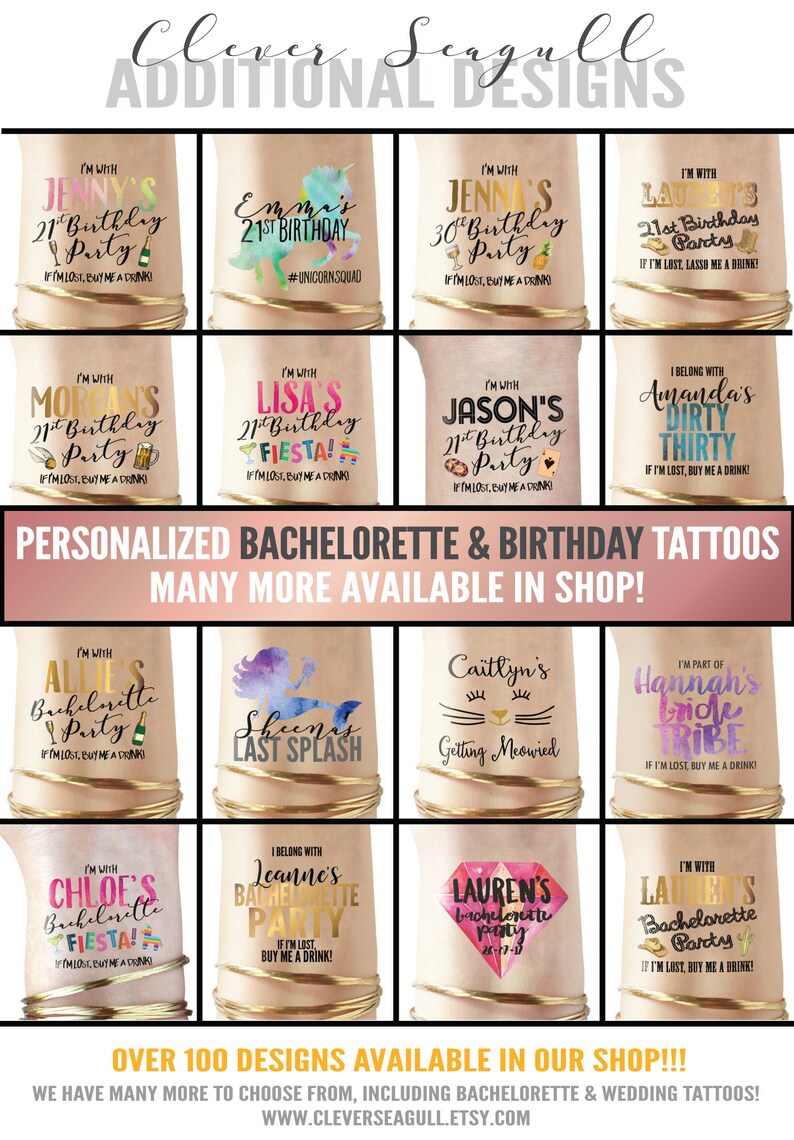 May include: A collage of images showcasing a variety of personalised bachelorette and birthday temporary tattoos. The tattoos feature different themes, including unicorns, mermaids, cats, and fiesta. The text on the tattoos includes names, ages, and phrases such as "If I'm lost, buy me a drink!"