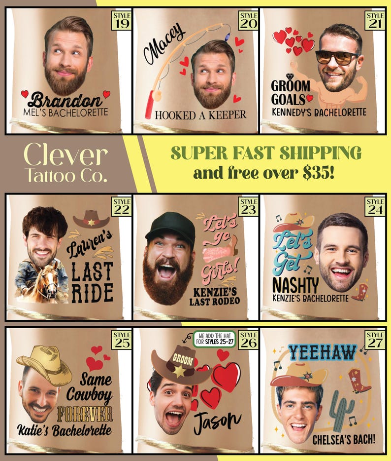 May include: A set of ten different bachelorette party tattoo designs featuring a variety of themes, including cowboy hats, hearts, and fishing. Each design includes a space for a photo to be added. The designs are printed on a white background.