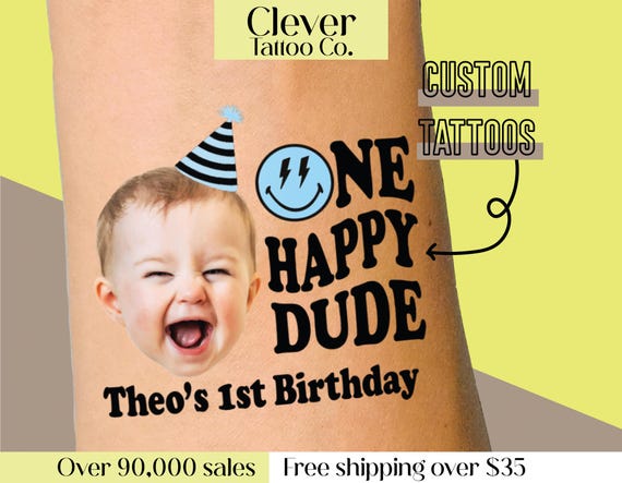 One Happy Dude custom birthday party favors - temporary tattoos - boy first birthday - Kids birthday decor ideas - face tattoo stickers blue