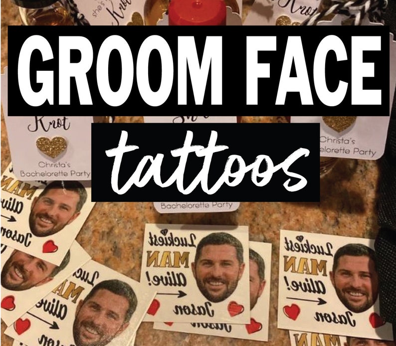 May include: A set of temporary tattoos featuring a man's face with the text "Luckiest Man Alive!" and an arrow pointing to the right. The tattoos are printed on white paper with a red heart and the name "Jason" written below.