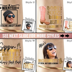 Pode incluir: Quatro designs diferentes de tatuagens tempor&aacute;rias para despedidas de solteira. O primeiro design diz "Wanted" com um espa&ccedil;o reservado para uma foto e "For stealing Lindsey's heart!" O segundo design diz "Boots Booze Bling Besties!" com uma bota de cowboy rosa e "Roxane's Bachelorette". O terceiro design diz "Sippin' Pretty in Music City Hailey's Nash Bash" com duas ta&ccedil;as de champanhe. O quarto design diz "Allie's Bachelorette If seen, buy her a drink!" com um espa&ccedil;o reservado para uma foto e uma bota de cowboy rosa.
