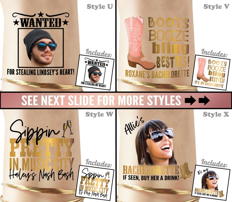 Pode incluir: Quatro designs diferentes de tatuagens tempor&aacute;rias para despedidas de solteira. O primeiro design diz "Wanted" com um espa&ccedil;o reservado para uma foto e "For stealing Lindsey's heart!" O segundo design diz "Boots Booze Bling Besties!" com uma bota de cowboy rosa e "Roxane's Bachelorette". O terceiro design diz "Sippin' Pretty in Music City Hailey's Nash Bash" com duas ta&ccedil;as de champanhe. O quarto design diz "Allie's Bachelorette If seen, buy her a drink!" com um espa&ccedil;o reservado para uma foto e uma bota de cowboy rosa.
